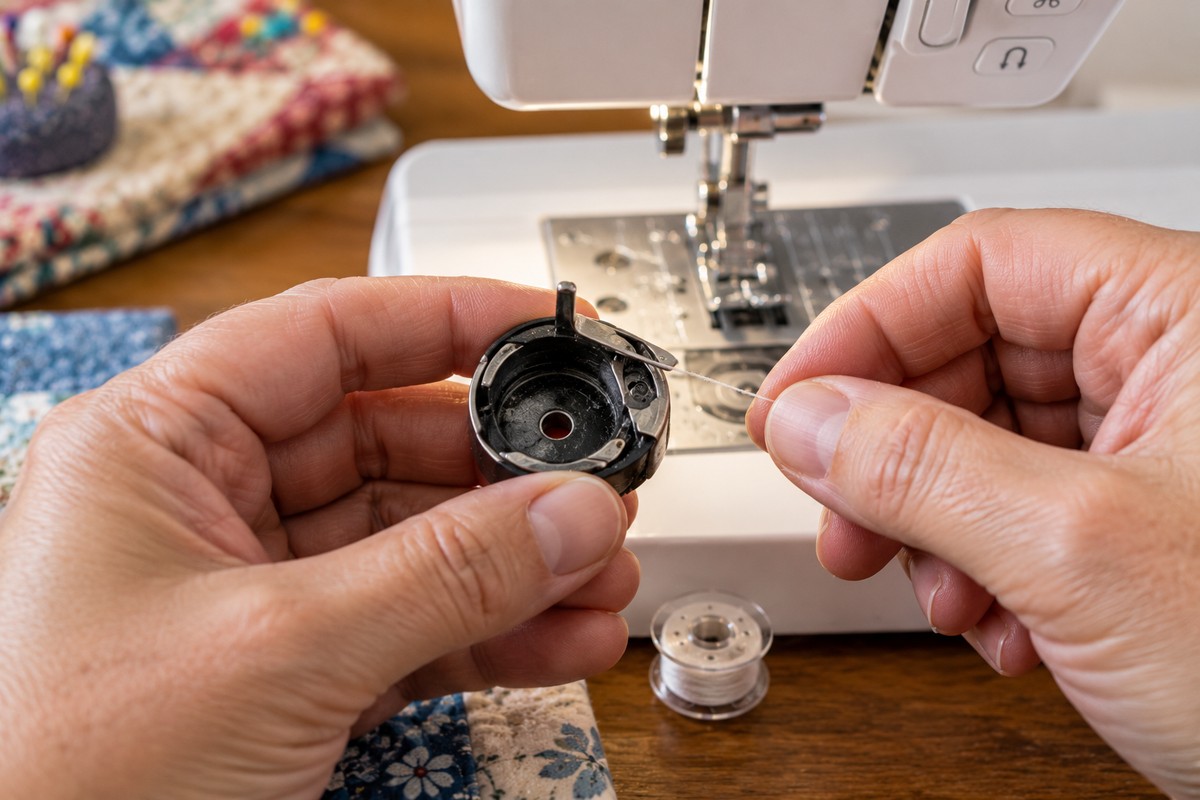 hands checking a sewing machine bobbin case for lint and correct thread tension when learning how to fix tension on sewing machine problems
