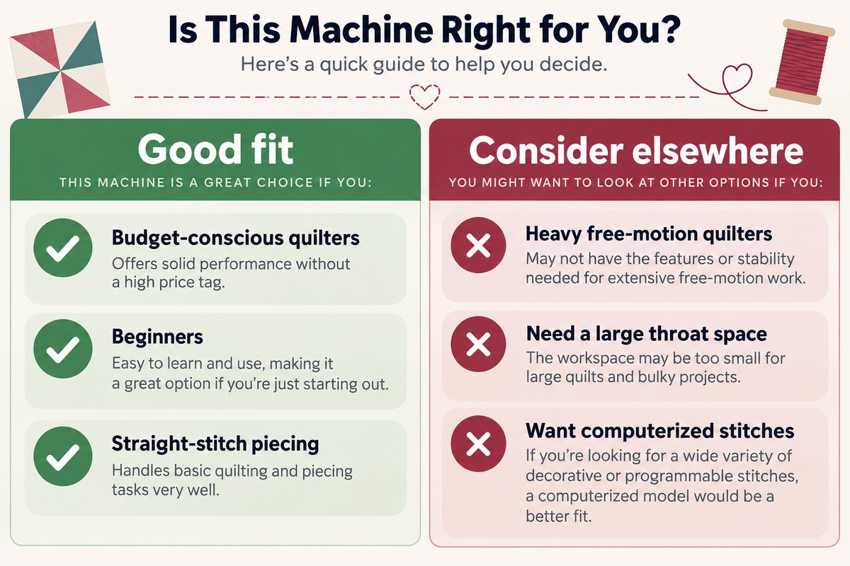 comparison graphic showing who the Janome HD3000 is a good fit for versus who should consider a different machine