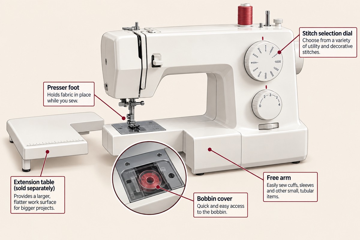 labeled diagram of a heavy-duty mechanical sewing machine showing the stitch selection dial, free arm, and extension table