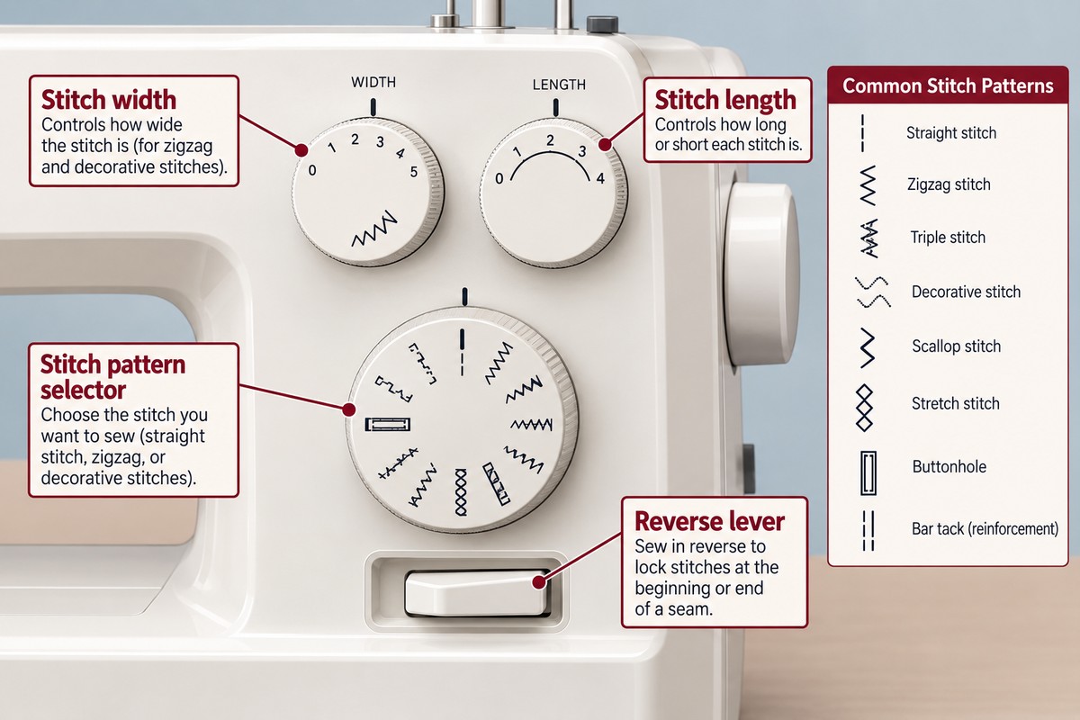 Janome HD3000 review: close-up of the stitch width, stitch length, and stitch pattern selector dials with labels
