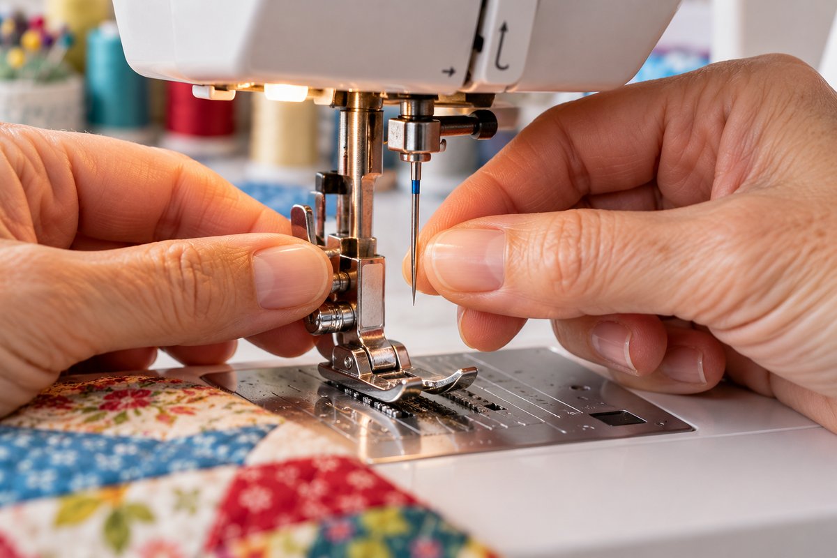 Hands inserting a needle into a sewing machine for quilting