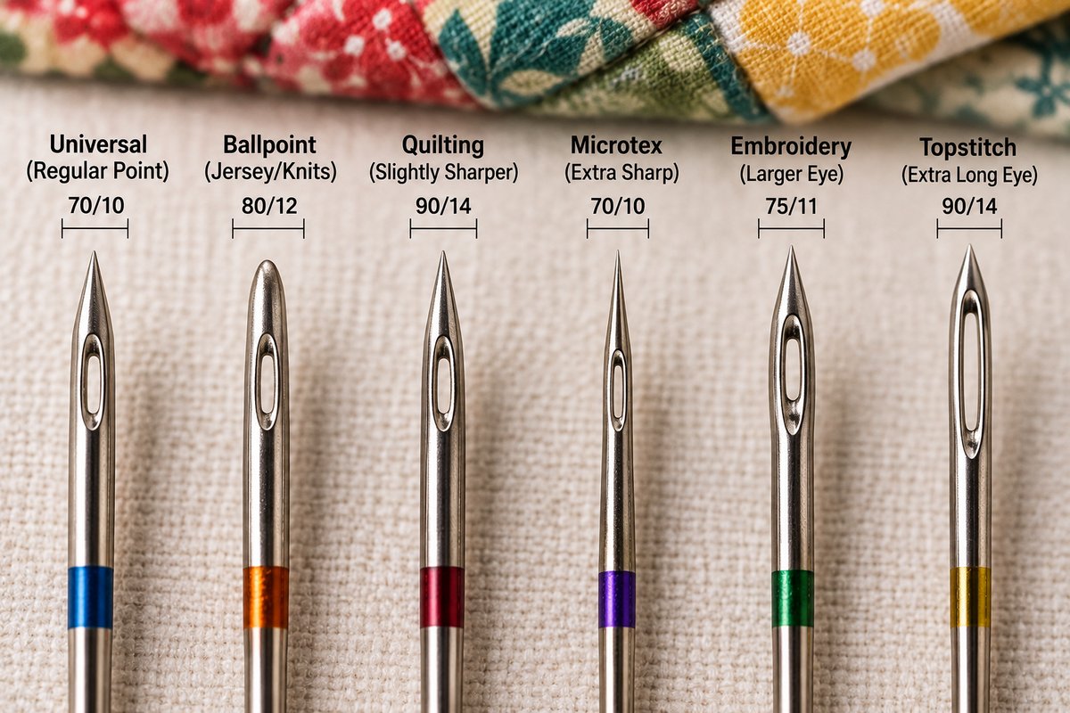 Comparison chart of needle types and sizes used for quilting and sewing