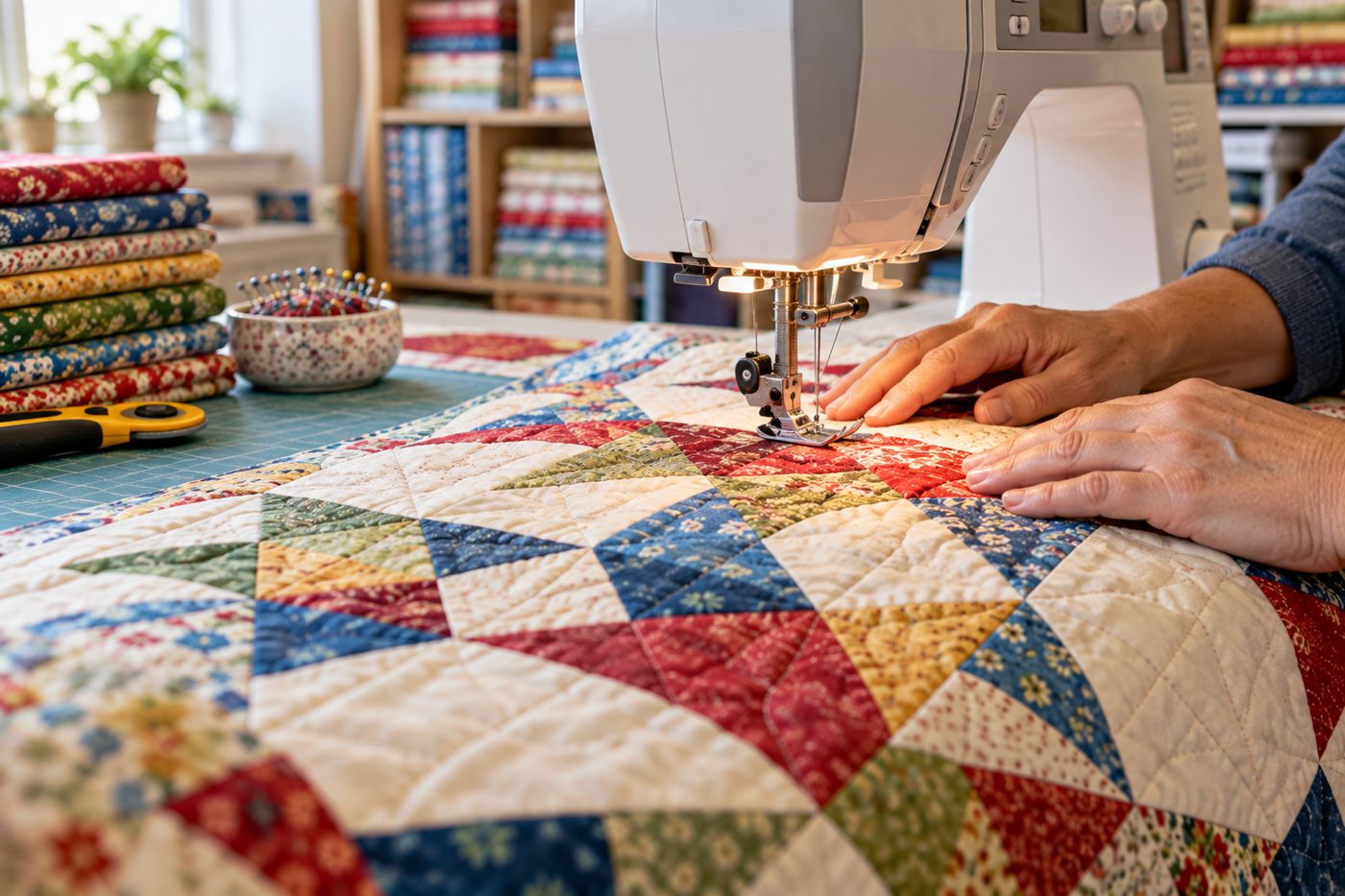 Quilter guiding a pieced star quilt under a sewing machine presser foot in a bright sewing room