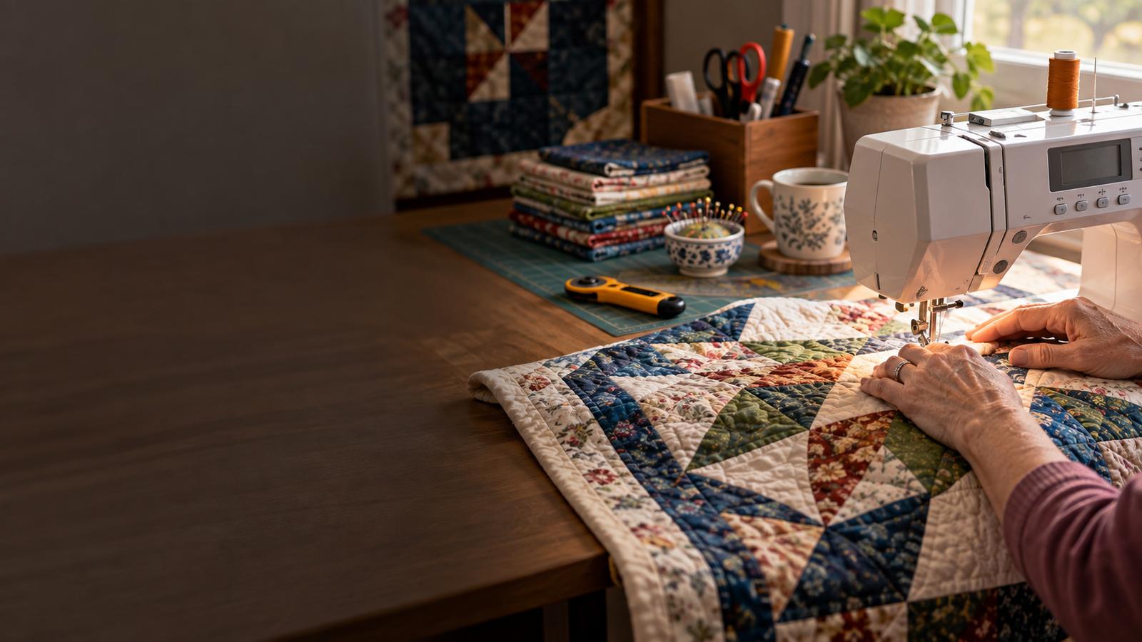 Quilter guiding fabric under the needle of a sewing machine