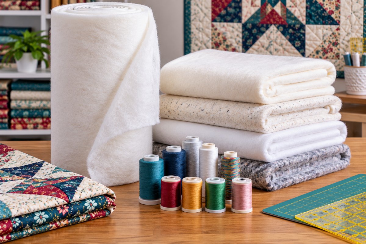 A rolled bolt of quilt batting next to folded batting and spools of quilting thread in assorted colors