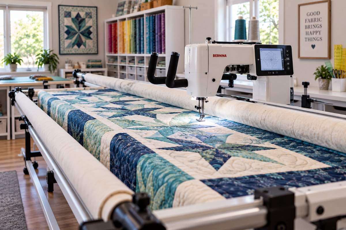 A longarm quilting machine mounted on its frame with a partially quilted star-pattern quilt loaded