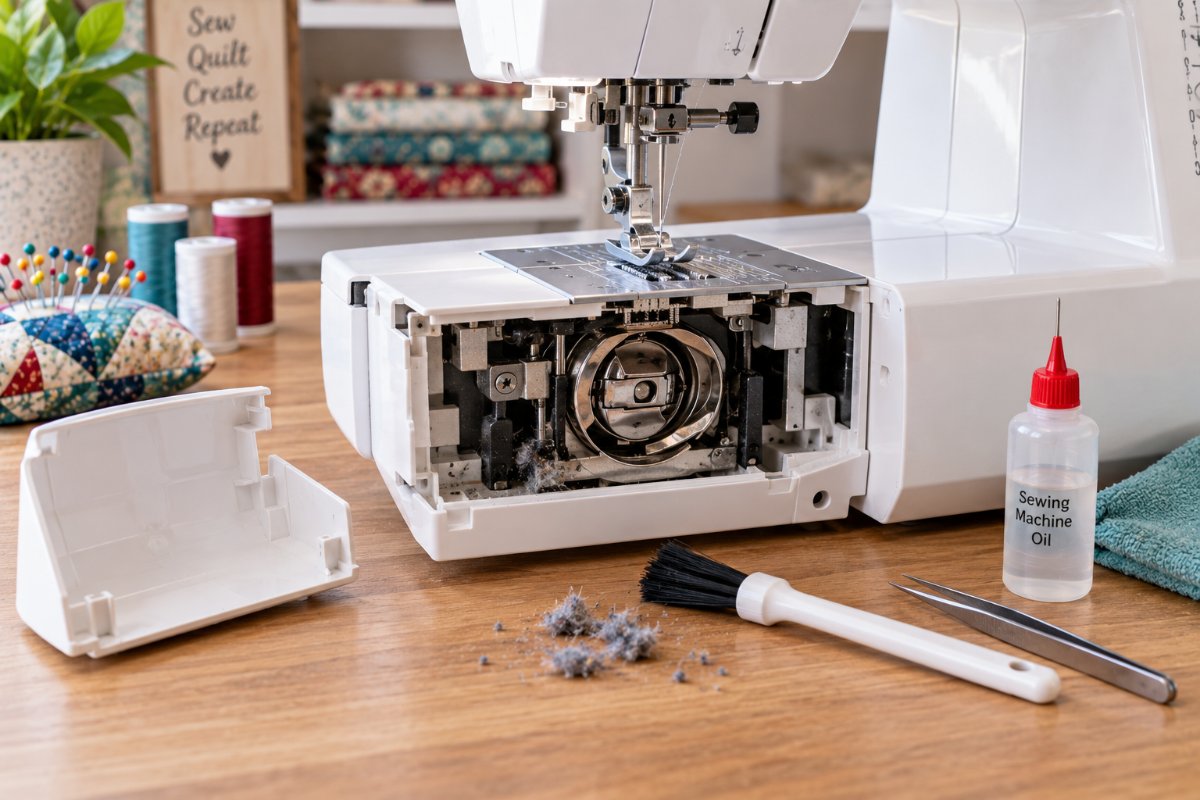 A sewing machine with its front cover removed exposing the bobbin case, with a lint brush and oil bottle beside it