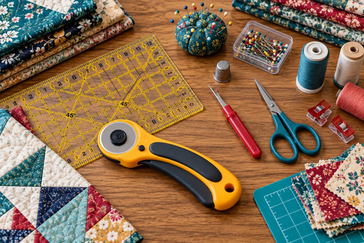 A flat lay of quilting notions and tools including a rotary cutter, acrylic ruler, pins, thimble, and scissors