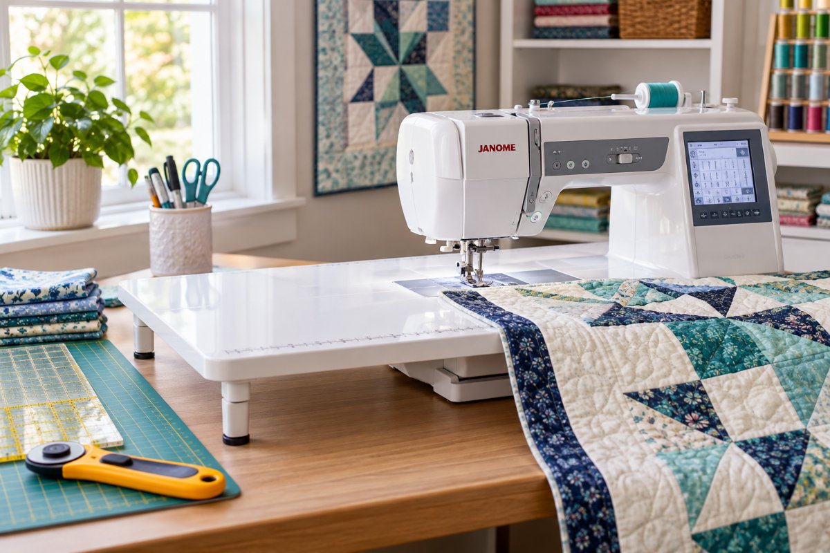 A modern quilting sewing machine set up on a table with an extension table attached, threaded and ready to sew