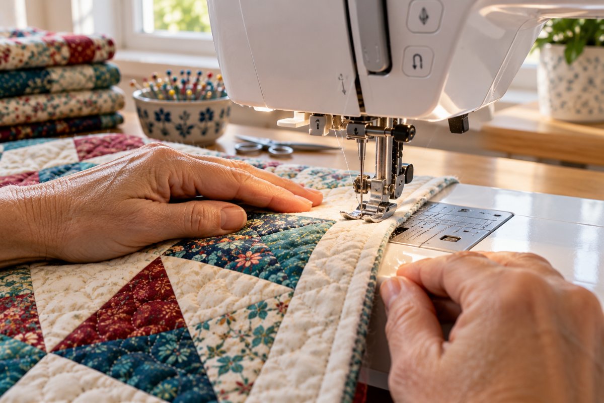 Close-up of hands guiding a quilt top under a sewing machine needle mid-stitch