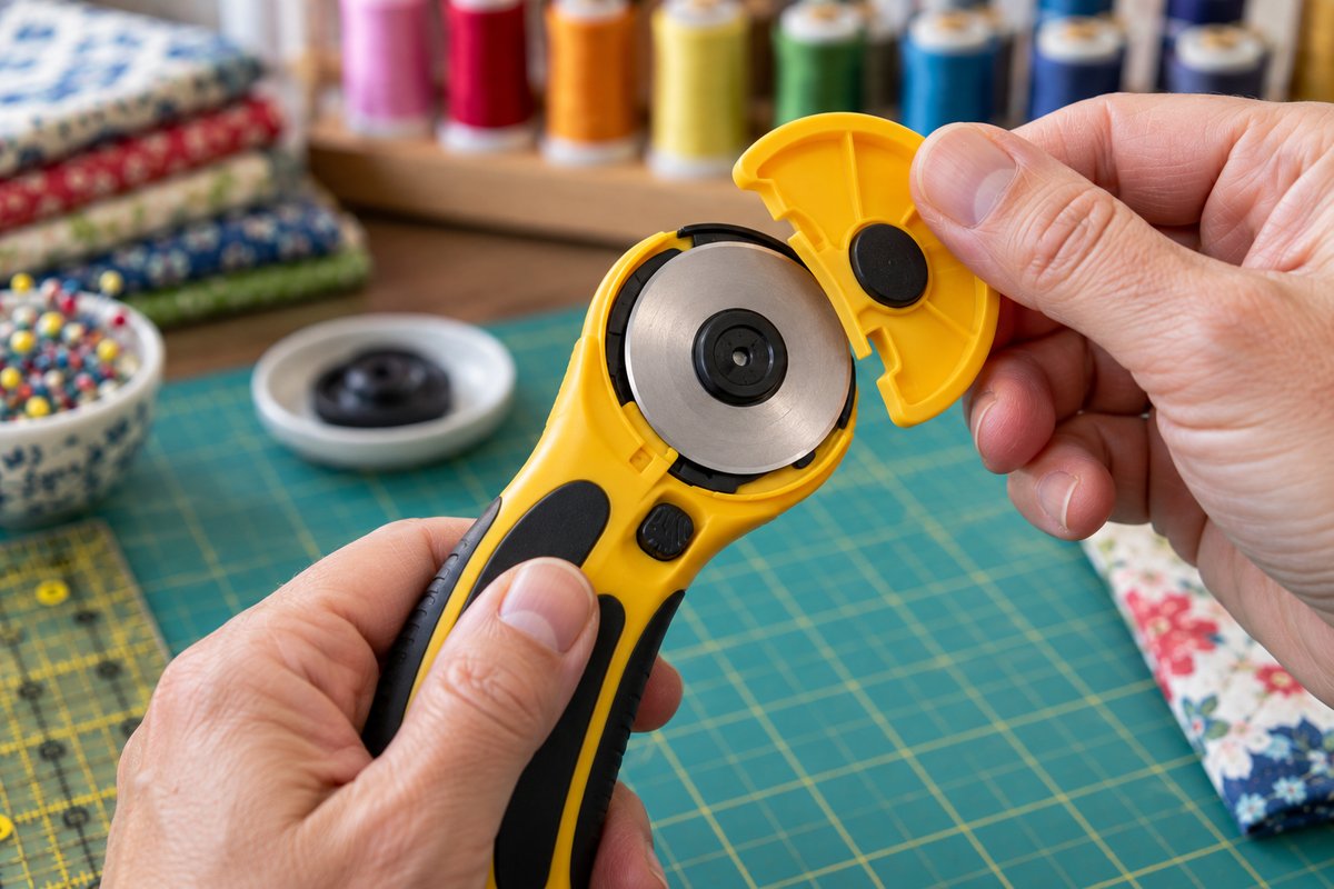 A hand changing the blade on a rotary cutter, showing the tool-free blade-release mechanism.