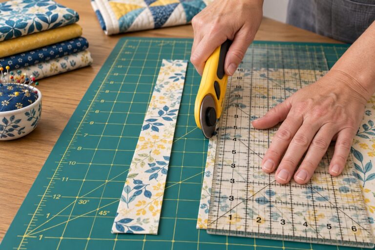 Best self healing cutting mat for quilting in use with a rotary cutter mid-cut