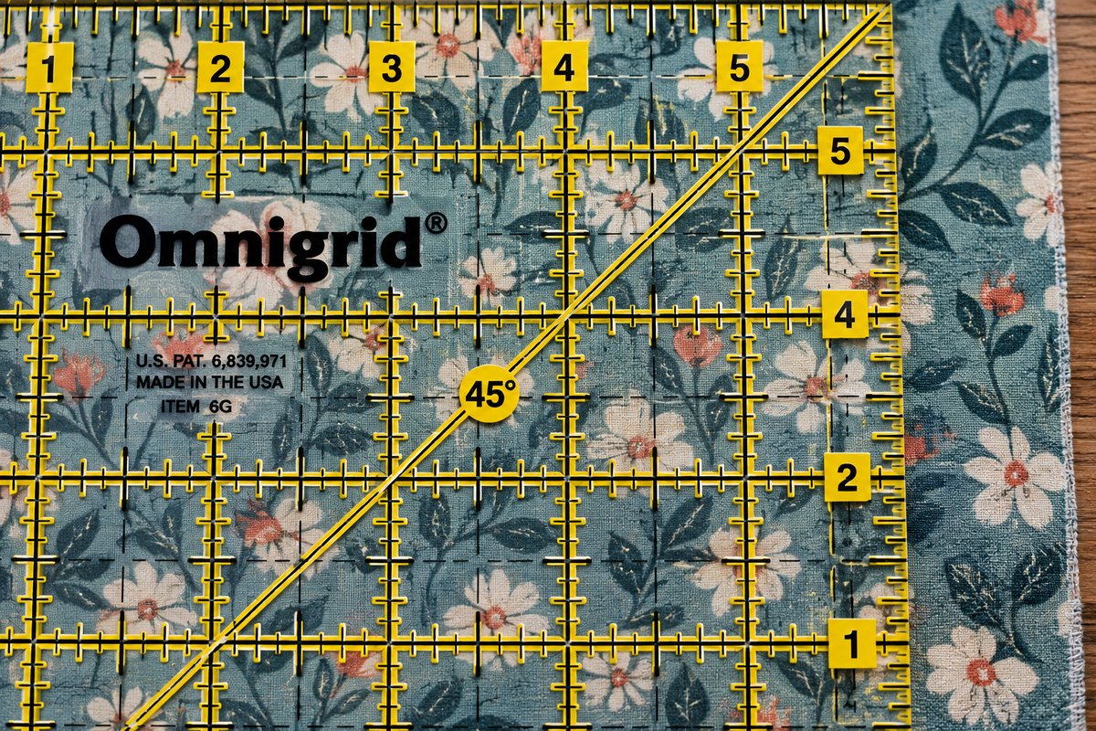 close-up of a quilting ruler grid markings with double sight lines on floral fabric