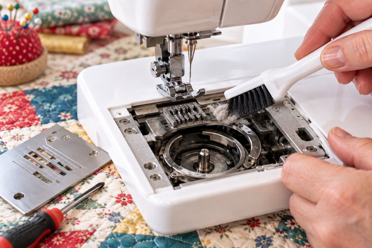 Brushing lint from the bobbin area before using sewing machine oil