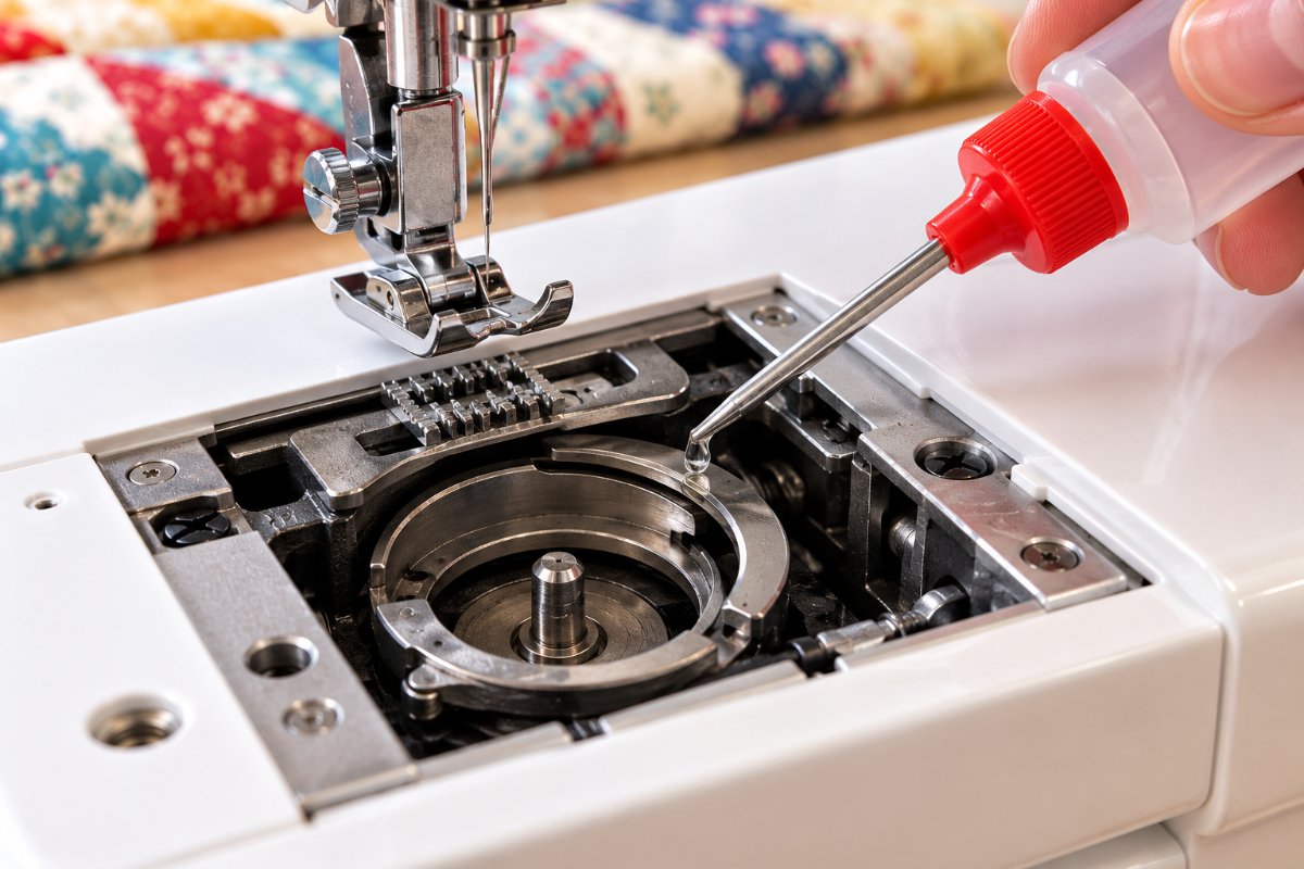 Adding one drop of sewing machine oil to the hook race