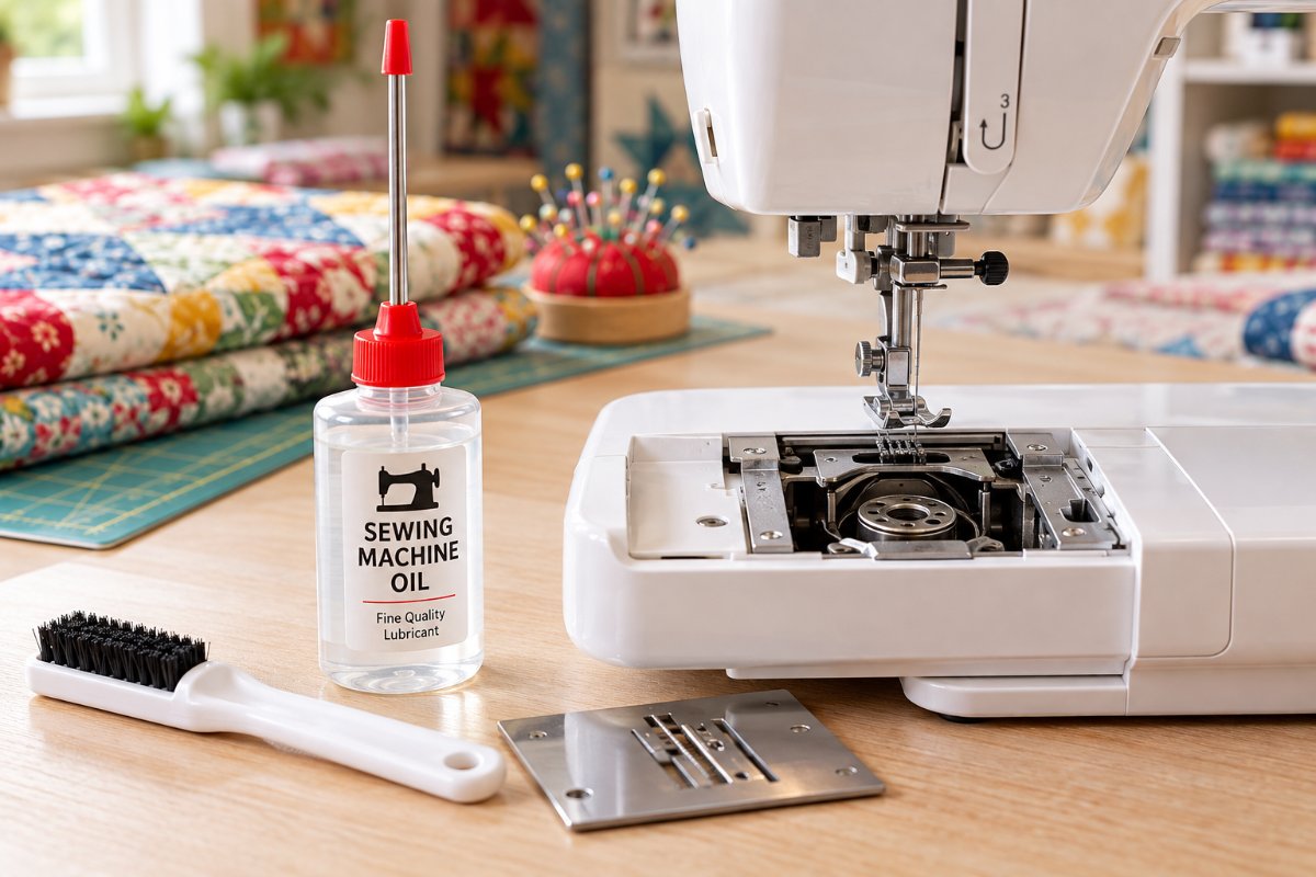 Sewing machine oil bottle with a zoom spout next to a quilting machine