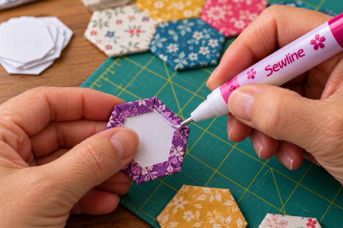 Sewline fabric glue pen used on English paper piecing hexagon