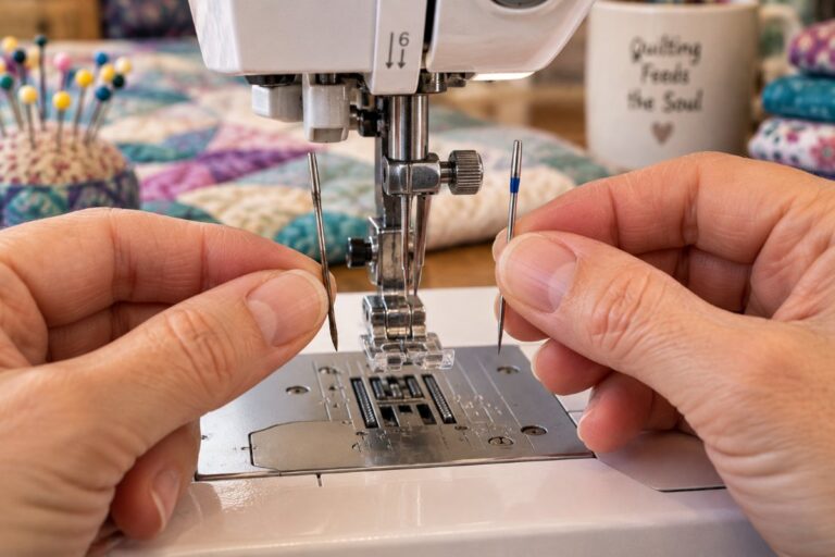Changing to a fresh needle to fix skipped stitches when free motion quilting