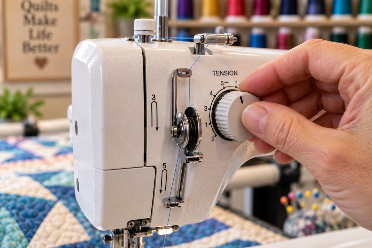 Adjusting top tension, a common fix for skipped stitches when free motion quilting