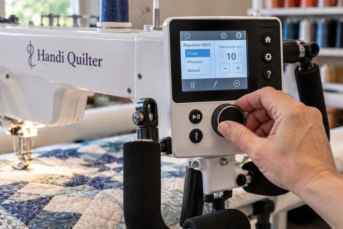 Close-up of a hand adjusting the stitch regulation dial on a longarm quilting machine
