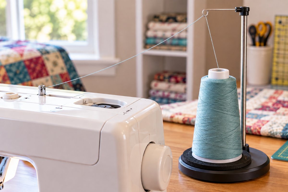 thread cone on a thread stand feeding a sewing machine when thread keeps breaking when quilting