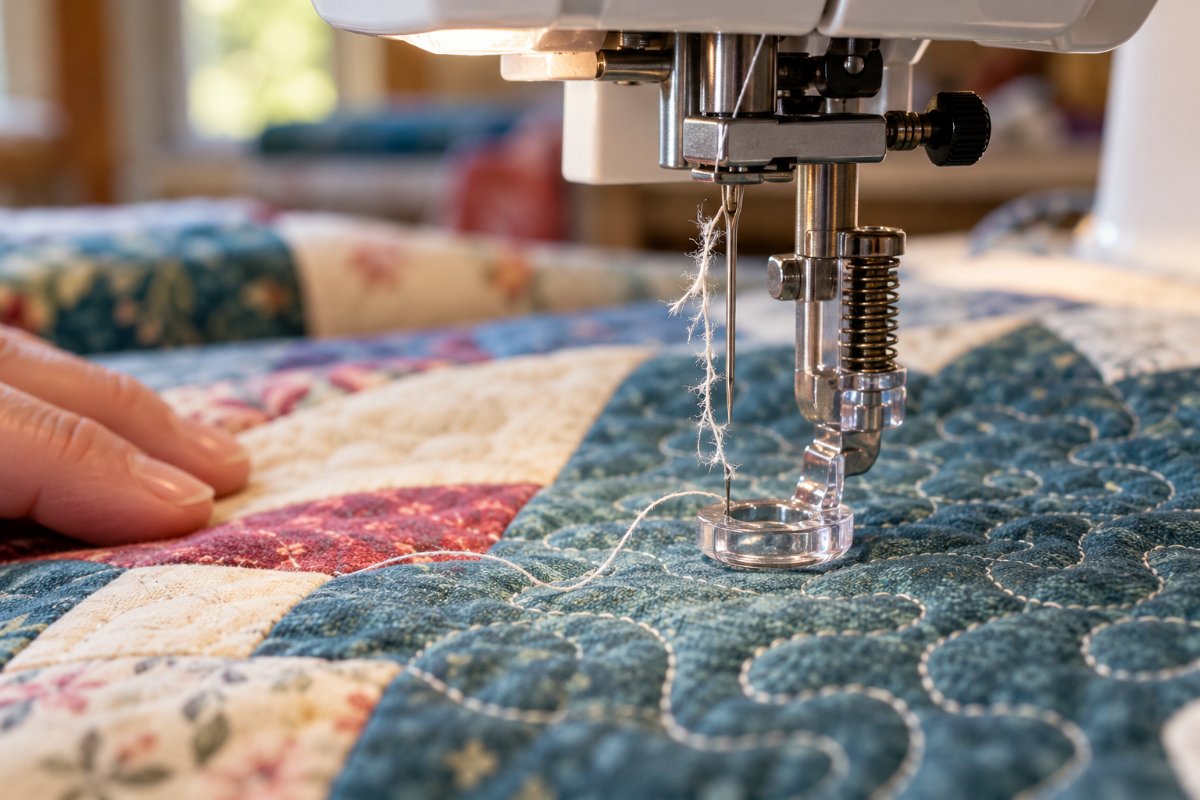 thread keeps breaking when quilting, frayed top thread hanging from the needle of a sewing machine