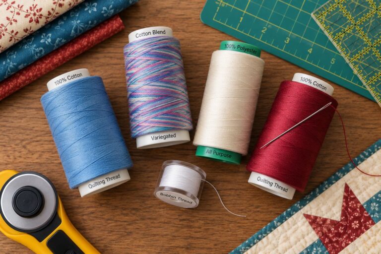 Best thread for machine quilting - flat lay of cotton, polyester, and bobbin thread spools