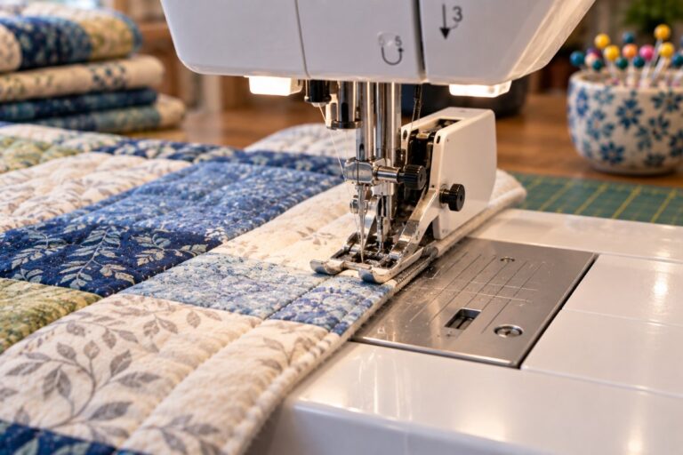 A walking foot for quilting attached to a sewing machine for straight-line stitching
