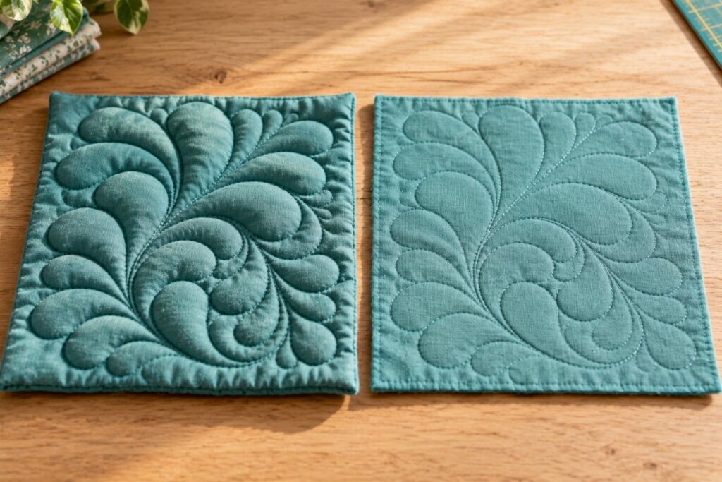 Free motion feathers quilted over wool batting beside the same design over flat cotton batting
