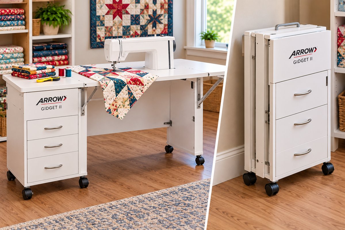 Arrow Gidget II, a portable sewing table for quilting, shown open and collapsed on wheels
