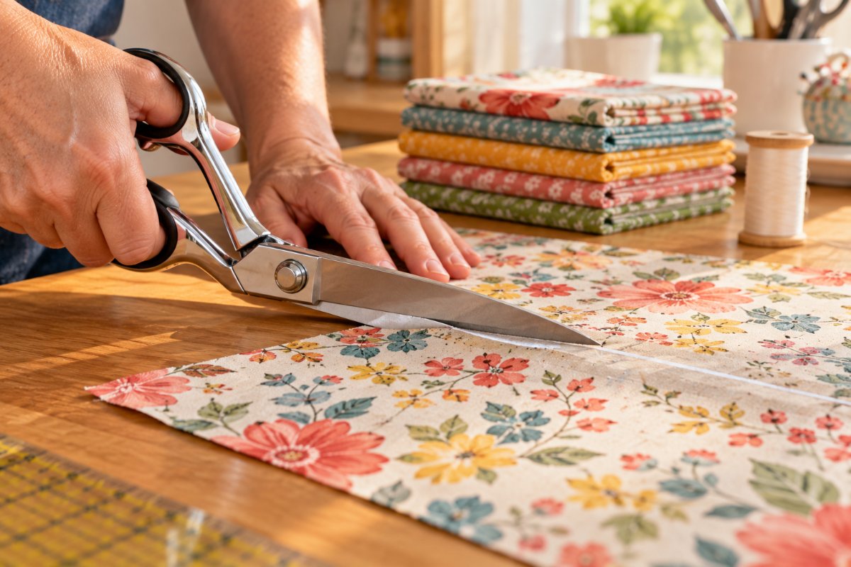 Best fabric scissors for quilting: bent-handle dressmaker shears cutting floral quilting cotton along a chalk line