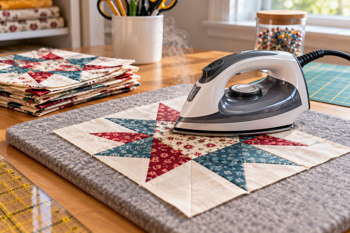 Best mini iron for quilting pressing a pieced quilt block on a wool pressing mat