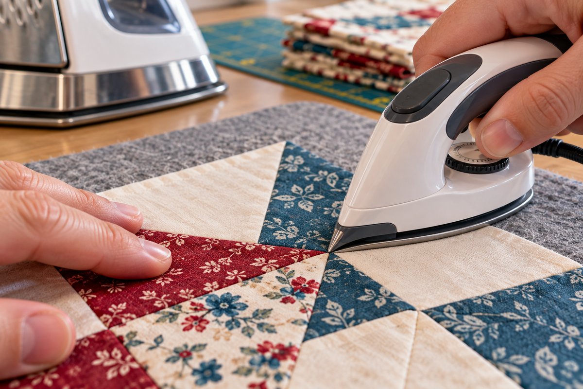 Best mini iron for quilting with a pointed detailer tip pressing a seam intersection