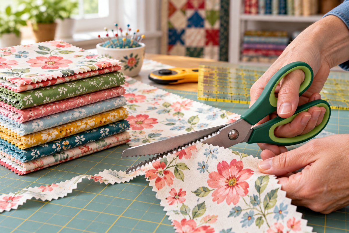 Best pinking shears cutting a zigzag edge on floral quilting cotton beside a stack of pinked fat quarters