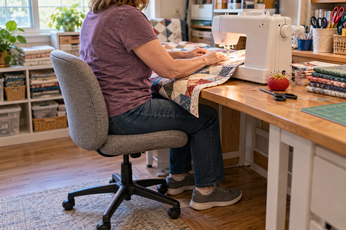 Best sewing chair setup: a quilter on an armless rolling chair with her feet flat on the floor while sewing a quilt