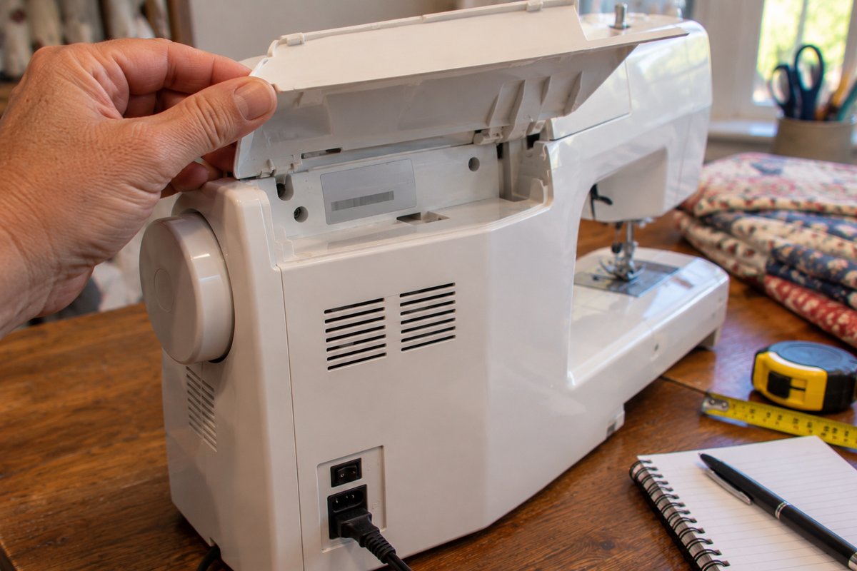 Checking a sewing machine's model number sticker before buying an extension table