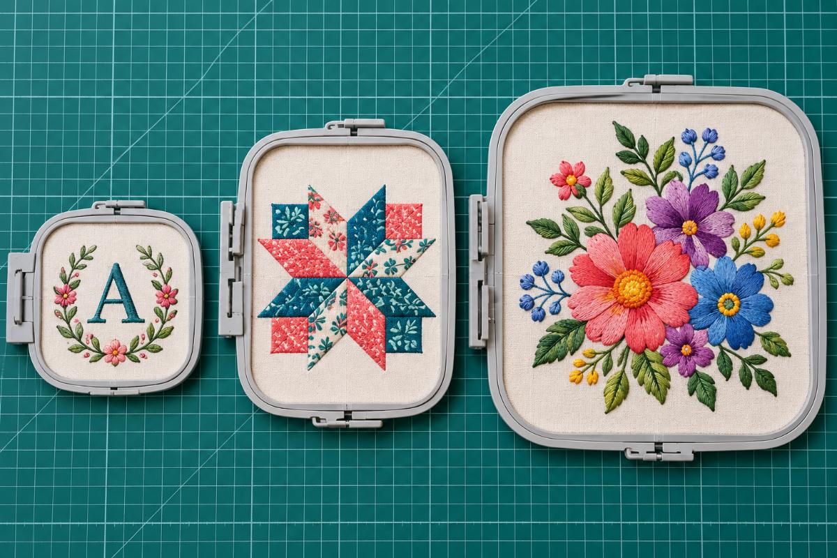 Embroidery hoop sizes compared, 4x4, 5x7 and a large square hoop