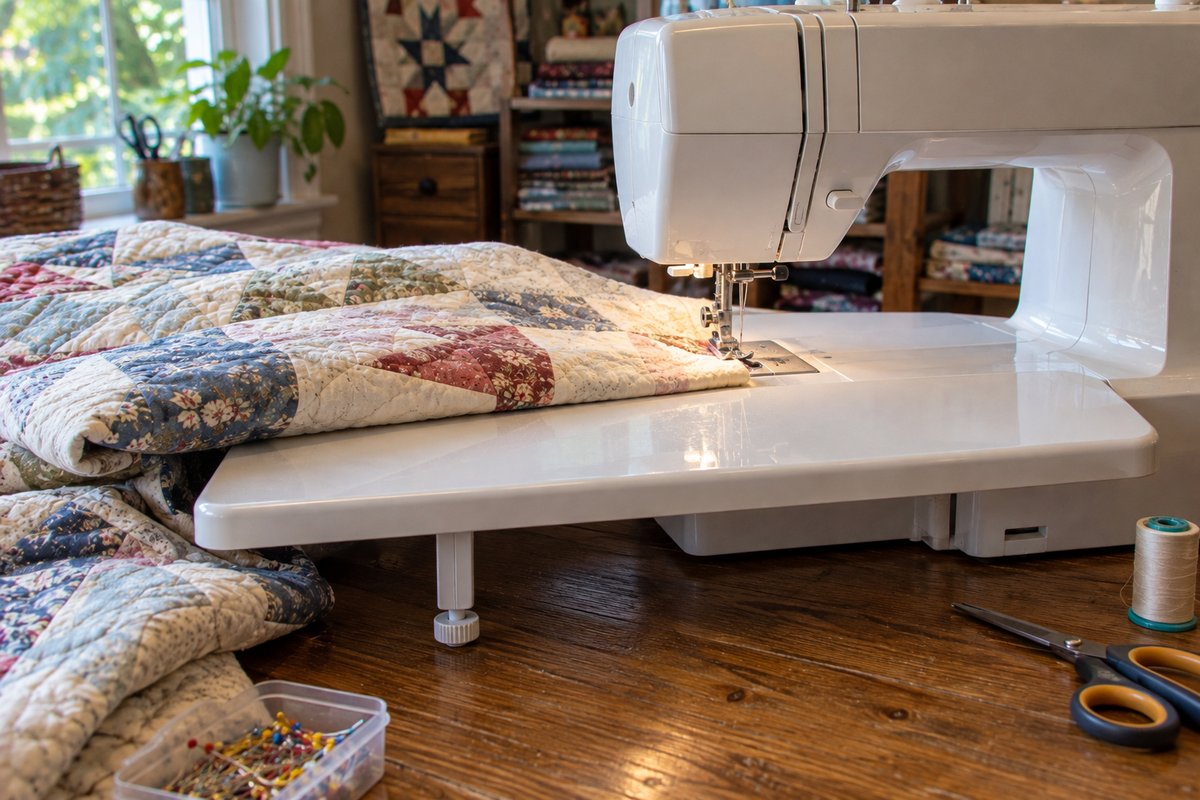 Flat extension table attached to a sewing machine's free arm supporting a folded quilt