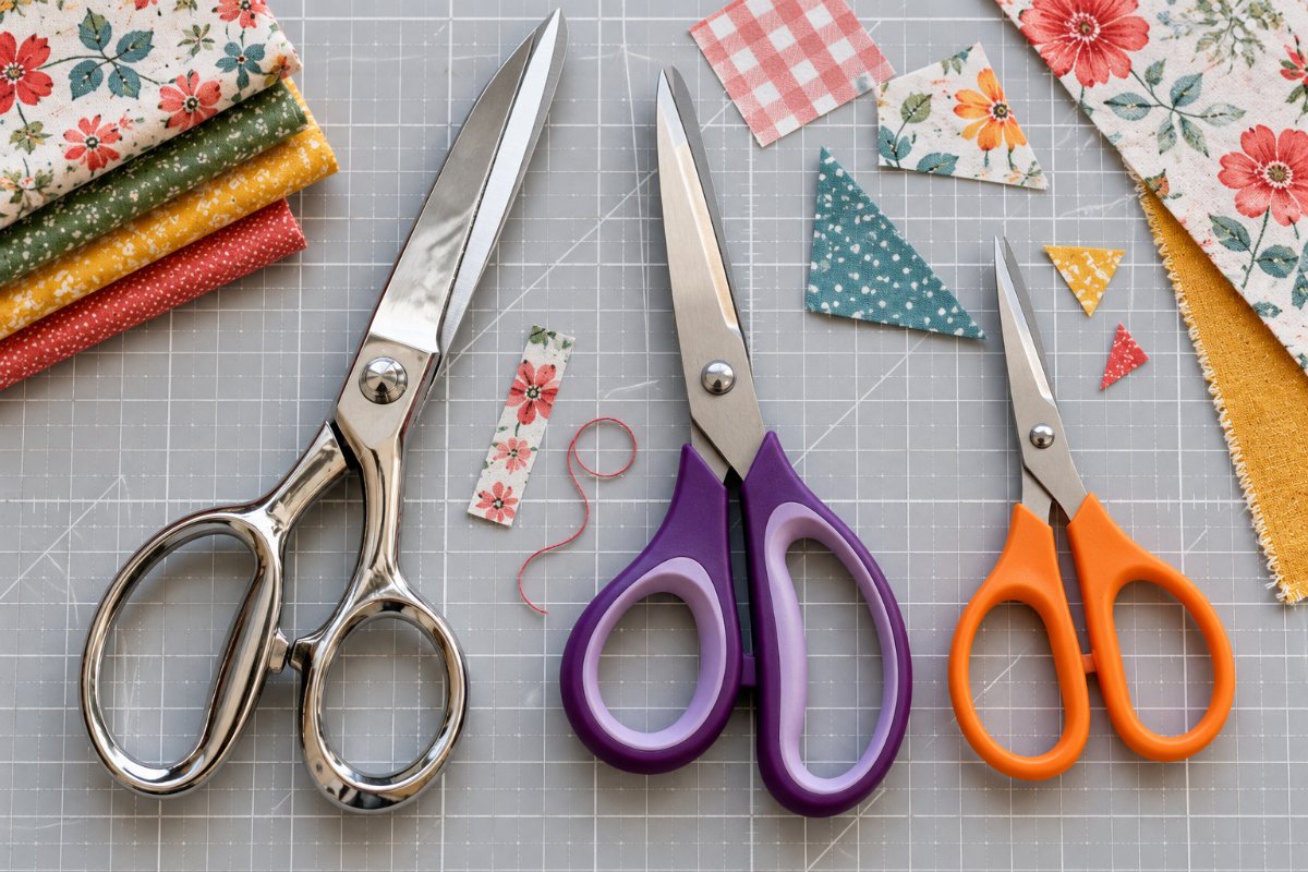 Fabric scissors lineup on a cutting mat: 8-inch all-metal shears, a mid-size pair with purple handles and small orange snips