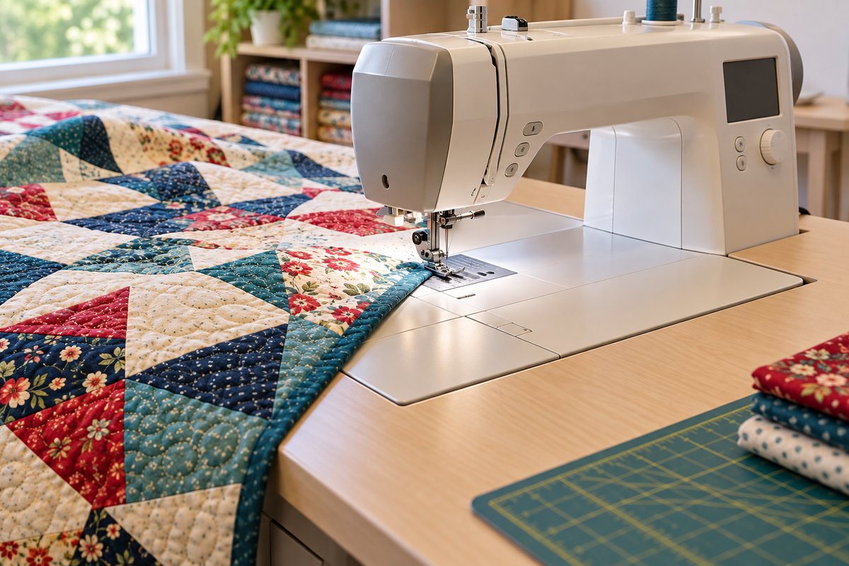 Sewing machine set into a flush drop-down platform, an example of a good sewing table for quilting
