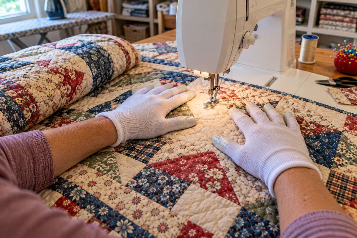 Free motion quilting gloves with coated fingertips on a quilter's hands, resting flat on a pieced quilt beside the sewing machine needle