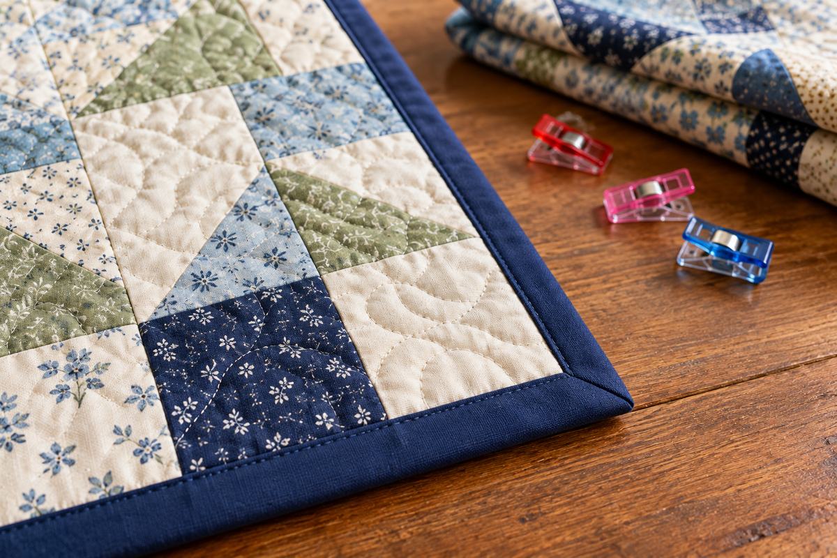 How to bind a quilt: finished navy binding with a neat mitered corner on a blue and green patchwork quilt