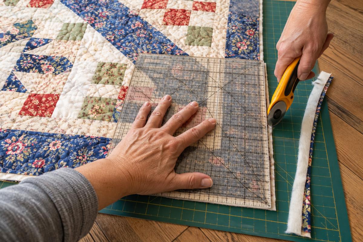 How to square up a quilt corner with a large square ruler and rotary cutter