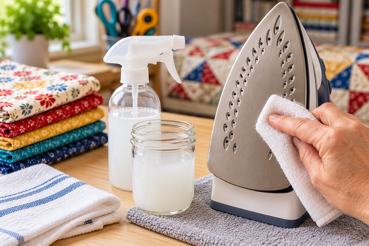Wiping starch flakes off a hot iron soleplate next to a jar of homemade starch solution for quilting