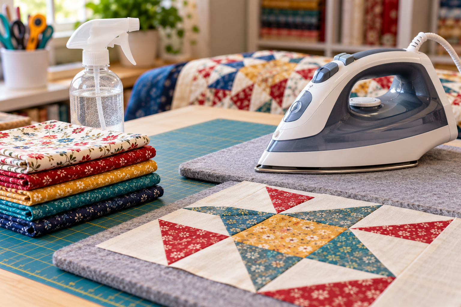 The best spray starch for quilting next to a pressed quilt block, iron, and folded fat quarters