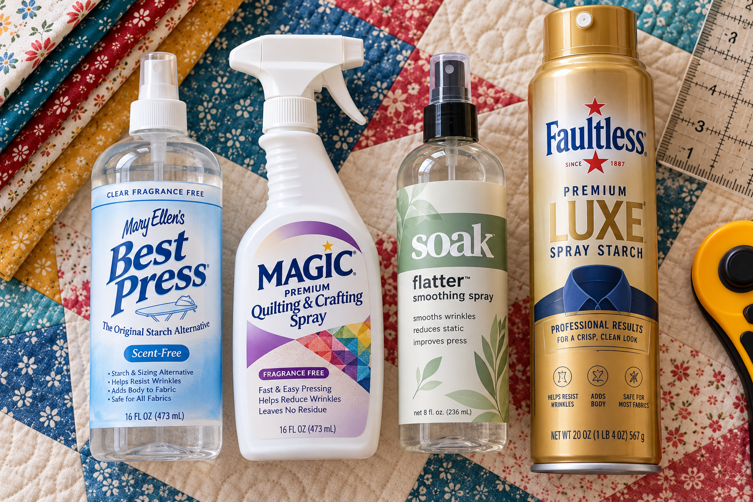 Four spray starch bottles compared side by side, the best spray starch for quilting lineup including Best Press, MAGIC, Soak Flatter, and Faultless