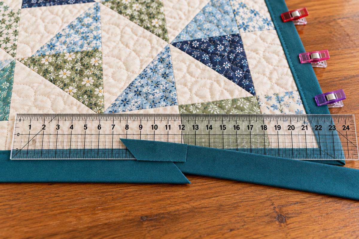 How to bind a quilt: two teal binding tails overlapped on the quilt edge under a clear quilting ruler