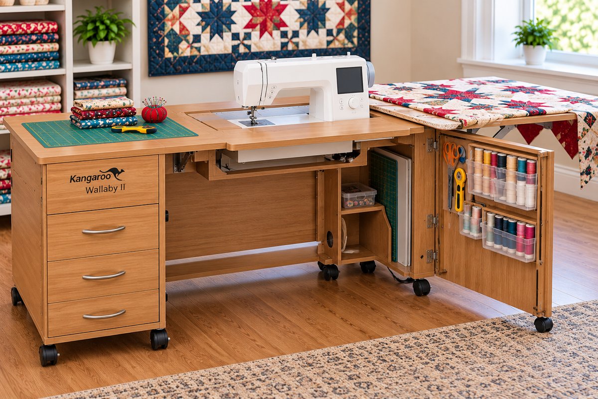 Kangaroo Wallaby II, a heavy-duty sewing table for quilting with hydraulic lift and quilt leaf extended