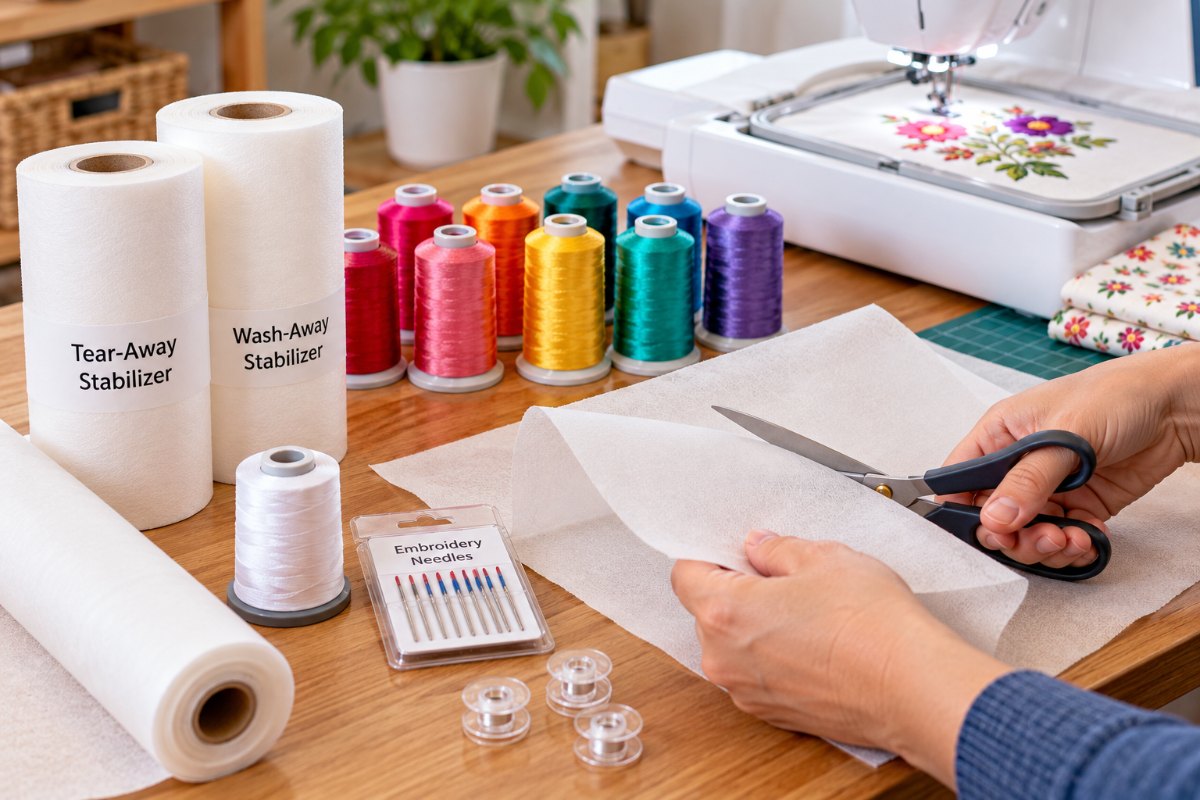 Machine embroidery supplies including stabilizer, embroidery thread and needles