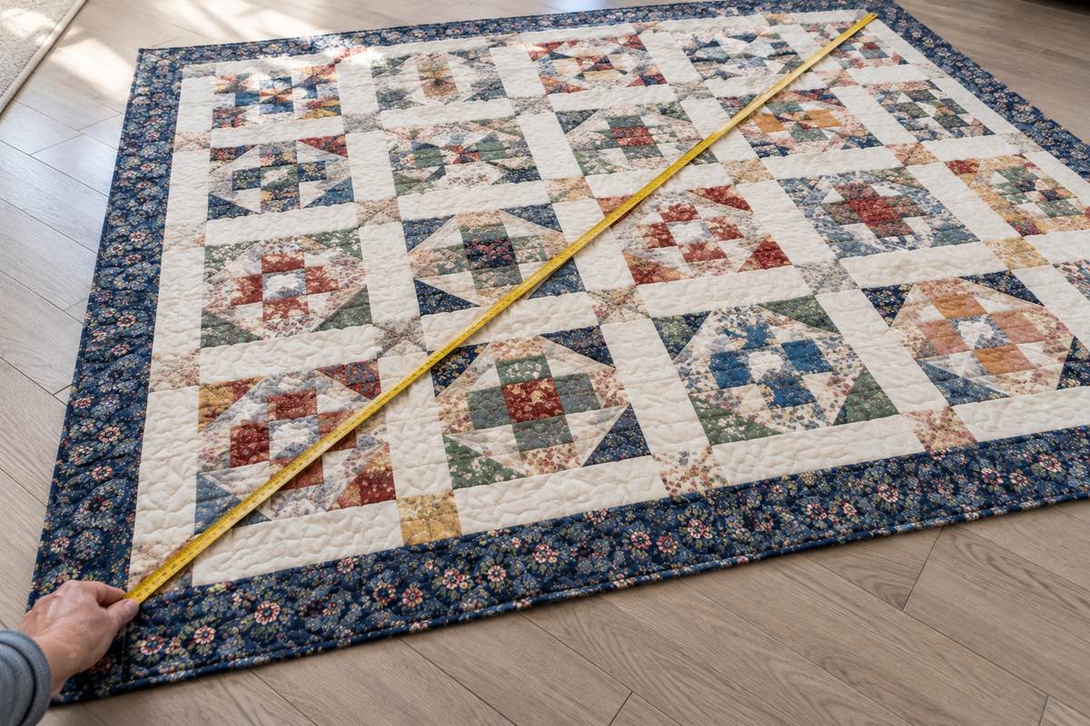How to square up a quilt: measure both diagonals with a tape measure to check it